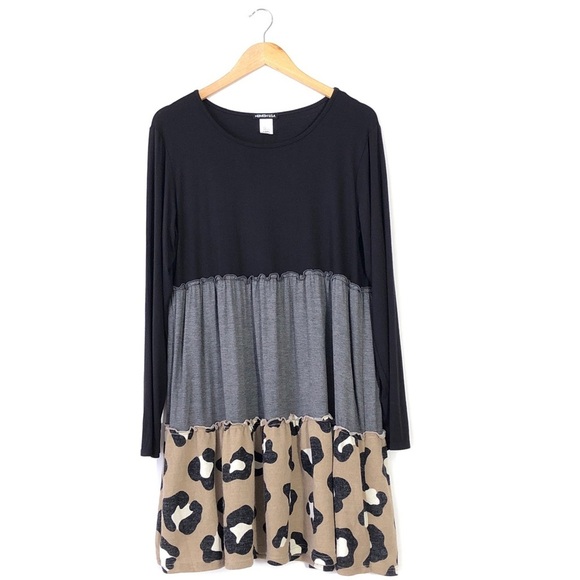 Heimlish USA Black Gray Leopard Animal Print Ruffle Long Sleeve Babydoll Dress L - Picture 1 of 4